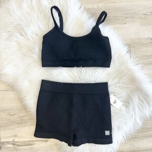 Women’s Cream Yoga Black Waffle Knit Shorts Tank Work Out Set M/L TS